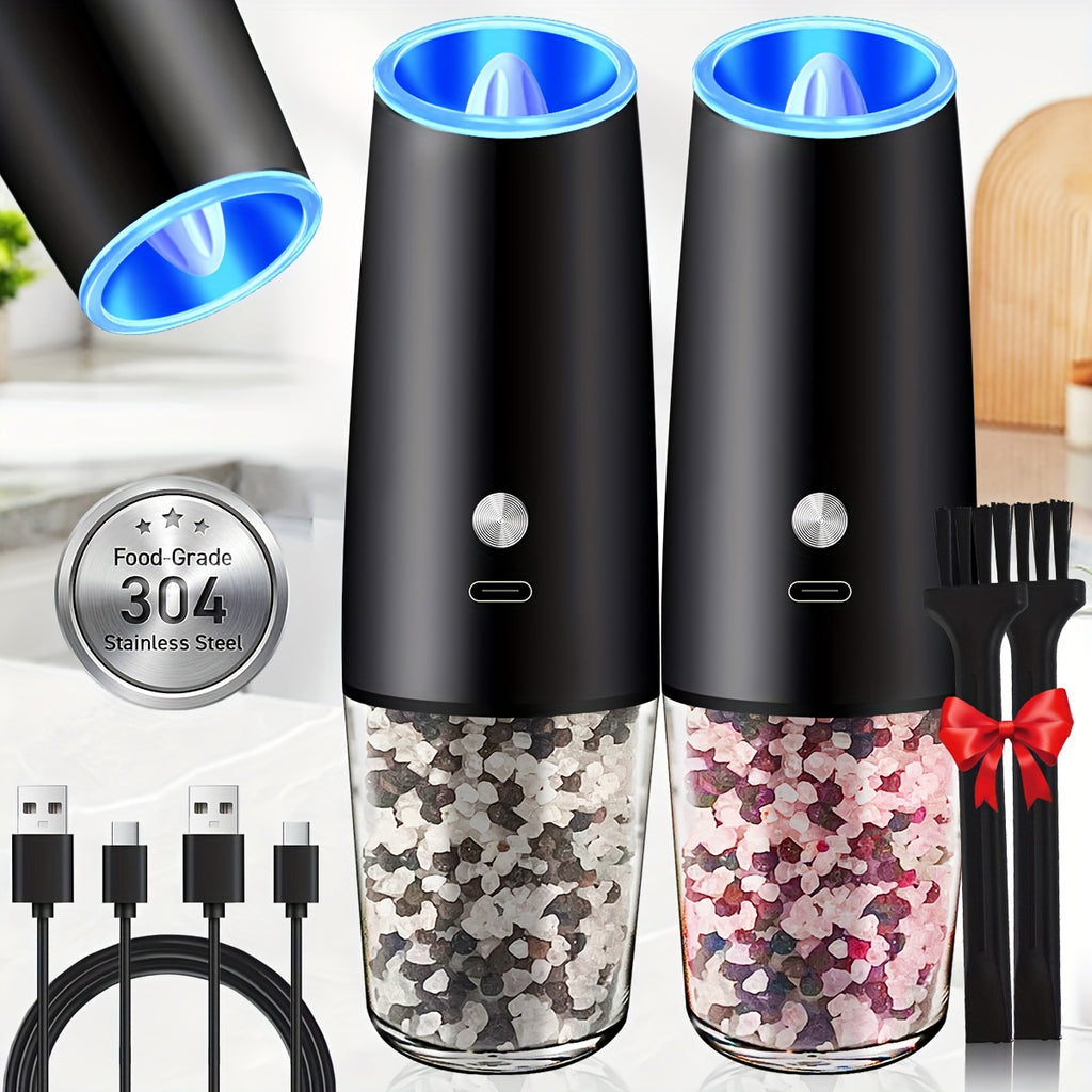2pcs USB Rechargeable Salt And Pepper Grinder Electric Salt And Pepper Mill & Adjustable Coarseness Automatic Salt Grinders Spice Shakers with LED Light One Hand Operation