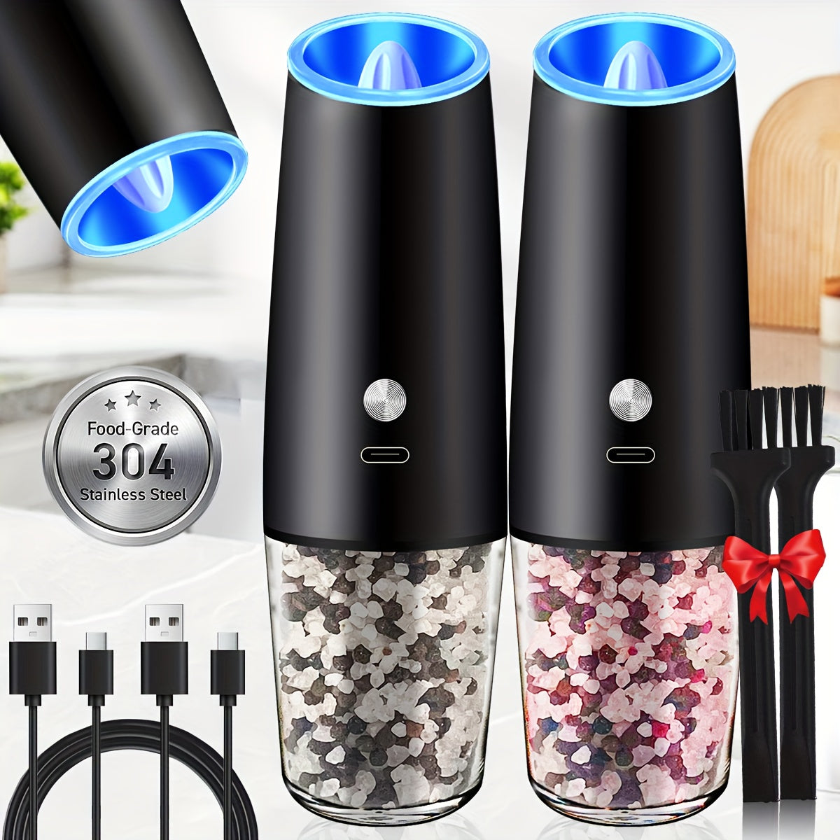 2pcs USB Rechargeable Salt And Pepper Grinder Electric Salt And Pepper Mill & Adjustable Coarseness Automatic Salt Grinders Spice Shakers with LED Light One Hand Operation