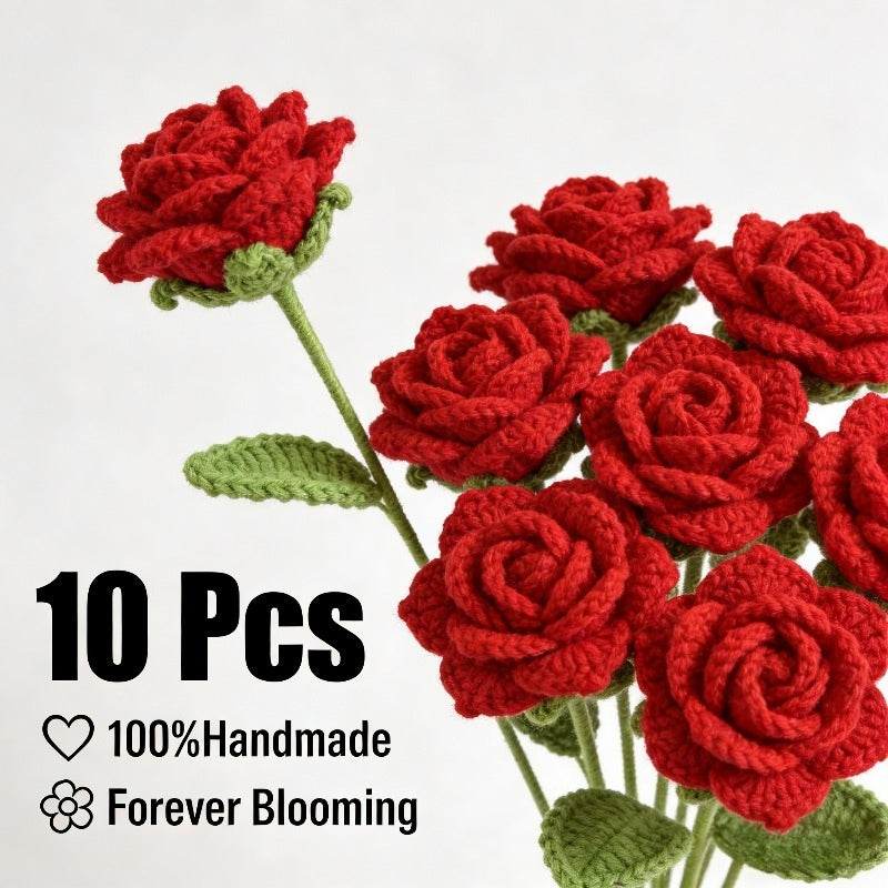 10pcs 10pcs Pack Realistic Crocheted Red Roses Bouquet - Ever-Blooming Artificial Flower Suitable for Valentine's Day, Mother's Day Gifts, Table Centerpiece Decor, Fabric Roses for Home Decoration, Wedding,, Year-Round Tabletop Arrangements