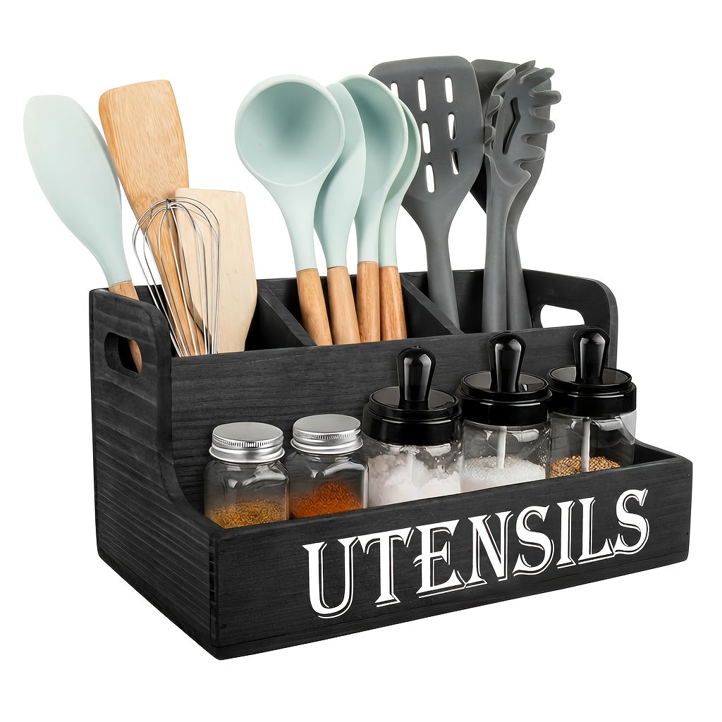 Extra Large Kitchen Utensil Organizer with 4 Compartments, White Wooden Kitchen Utensil Organizer for Kitchen Countertops, Farmhouse Utensil Storage, Rustic Cooking Utensils - White.