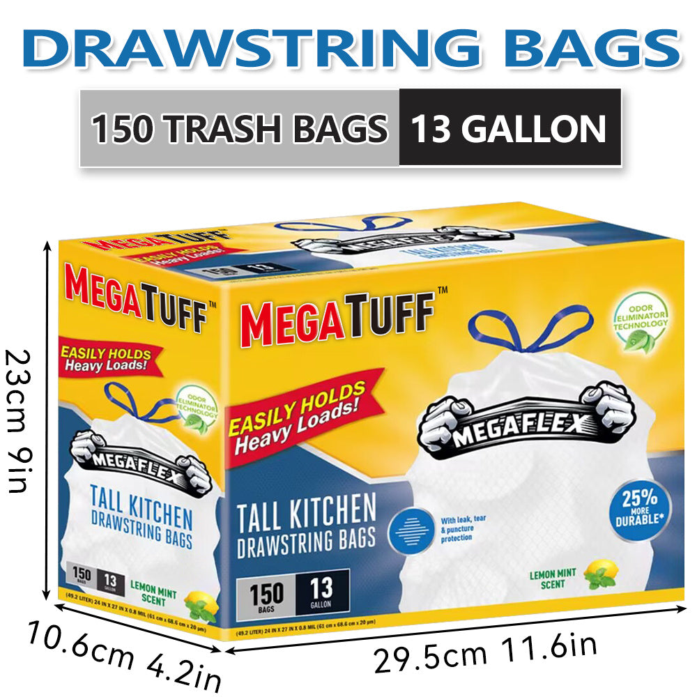 Boxed Disposable Non Tear Garbage Bag 150/78 Pieces 3 Rolls Puncture Tear Resistant Trash Bags, 13 Gallon Capacity, ODOR ELIMINATORTECHNOLOGY Kitchen Drawstring Garbage Bags Fresh Clean Scent With Lemon Mint Scent, 150/78 Count EASY TO USEDRAWSTRINGS MORE