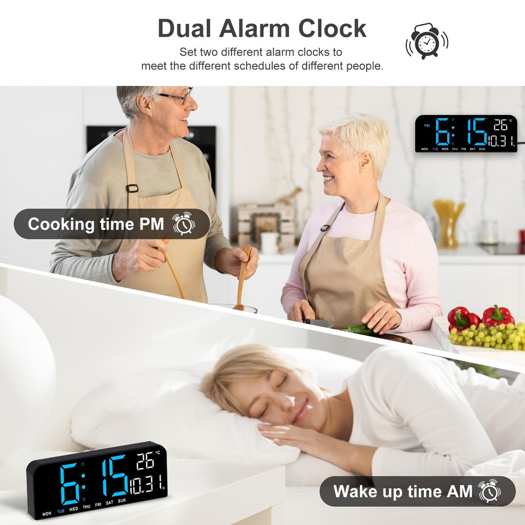 Large Screen LED Alarm Clock - Luminous Display of Week, Temperature, Humidity, and Timer - Ideal for Bedroom, Living Room, and Office with Sleek Modern Design.