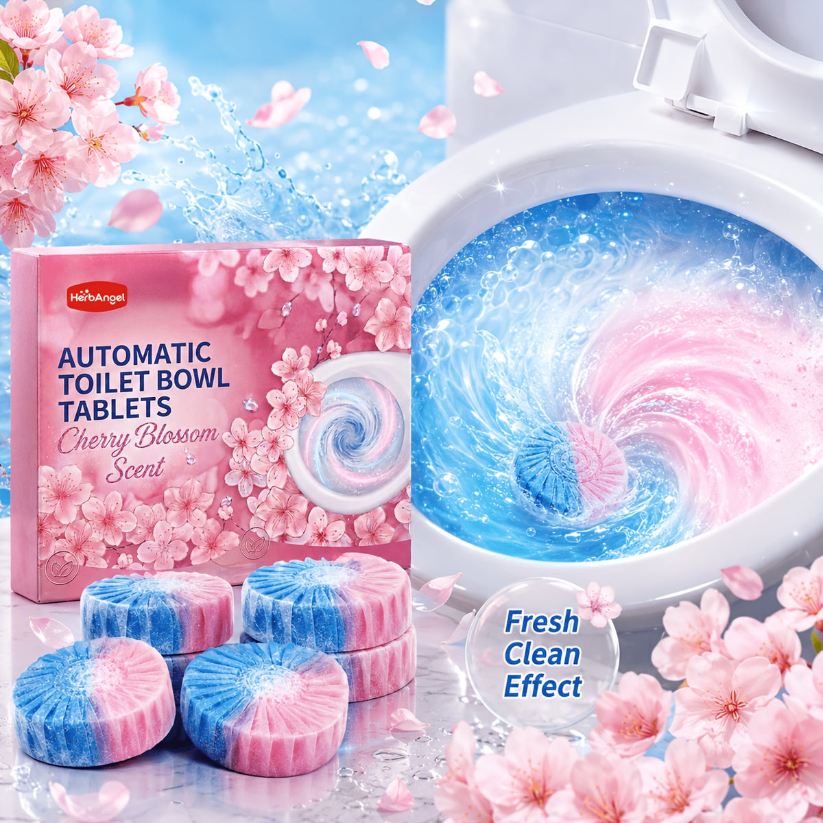 Automatic Toilet Bowl Tablets Suitable for Household Toilets - Cherry Blossom Scent Suitable for Plastic Tank Cleaners, Dual Color Water Soluble Film with Urine Scale Remover, Long Lasting Fragrance Tablets for Deep Stain Elimination