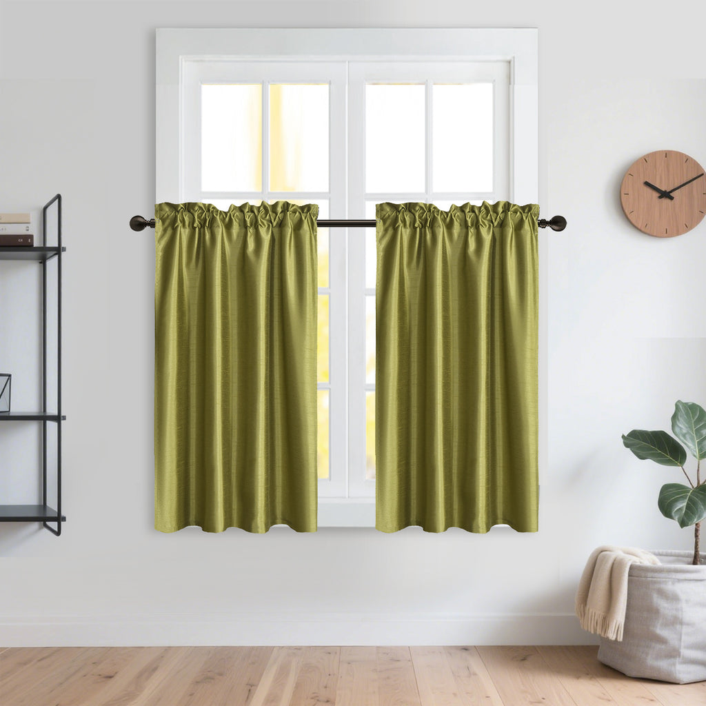 3 Panels Faux Silk Solid Color Sheer Kitchen Curtains Set Rod Pocket Design with 2 Tiers 26x36 inch Each and 1 Valance 52x14 inch for Kitchen Bathroom Privacy Drapes and curtains
