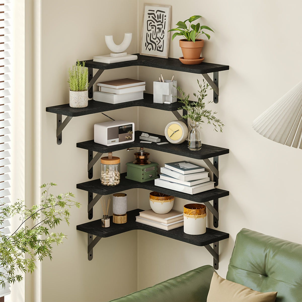 Corner Floating Shelf Set, 5-Piece Multi-Color or 6-Piece Black Wall Mounted Storage Shelves for Bathroom, Kitchen, Bedroom and Living Room Decor