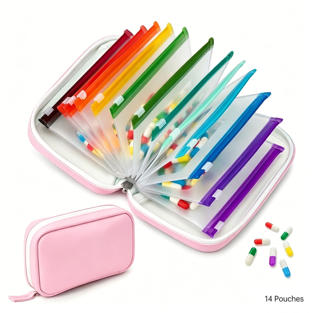 1 Pack of A8 Waterproof Pill Storage Bag Set, Large Weekly Pill Organizer with 14 Color-coded Pill Bags, Reusable Travel Medicine Storage Bag, Zipper Pill Storage Bag, Suitable for Fish Oil, Vitamins