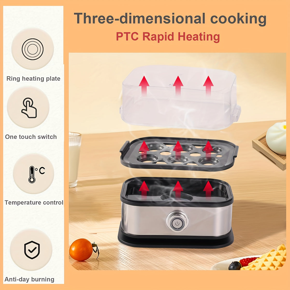 Quick Egg Cooker, 6 Egg Capacity Egg Cooker, Hard Boiled, Semi-cooked, Soft Boiled Egg Cooker, with Automatic Shut-off and Alarm Function, Stainless Steel Household Electric Egg Steamer(Black)
