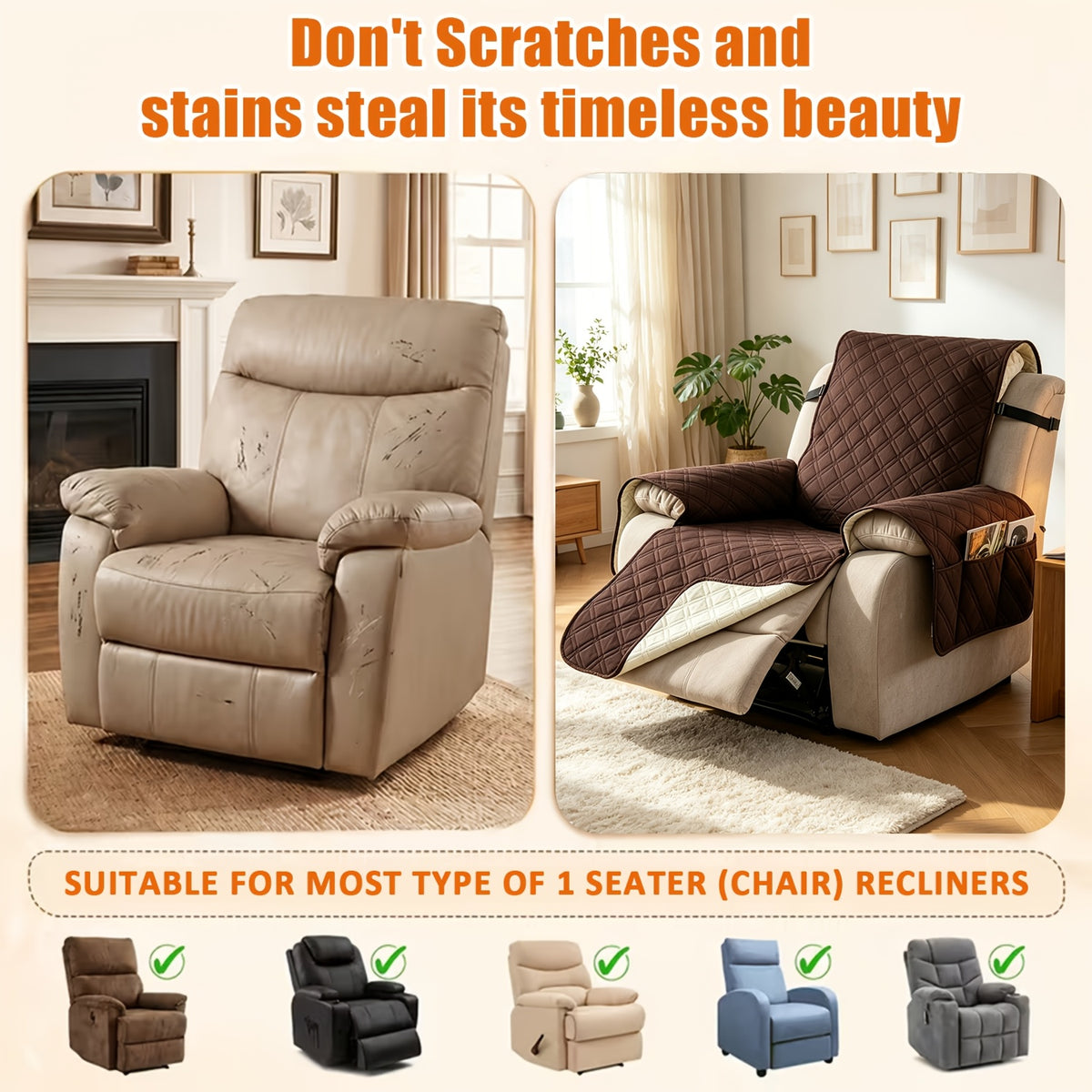 Multi-Functional 23-Inch Recliner Cover with Practical Pockets - Easy to Install, Scratch-Resistant, Machine Washable, Suitable for Outdoor Use And Pet Protection, Easter Decoration