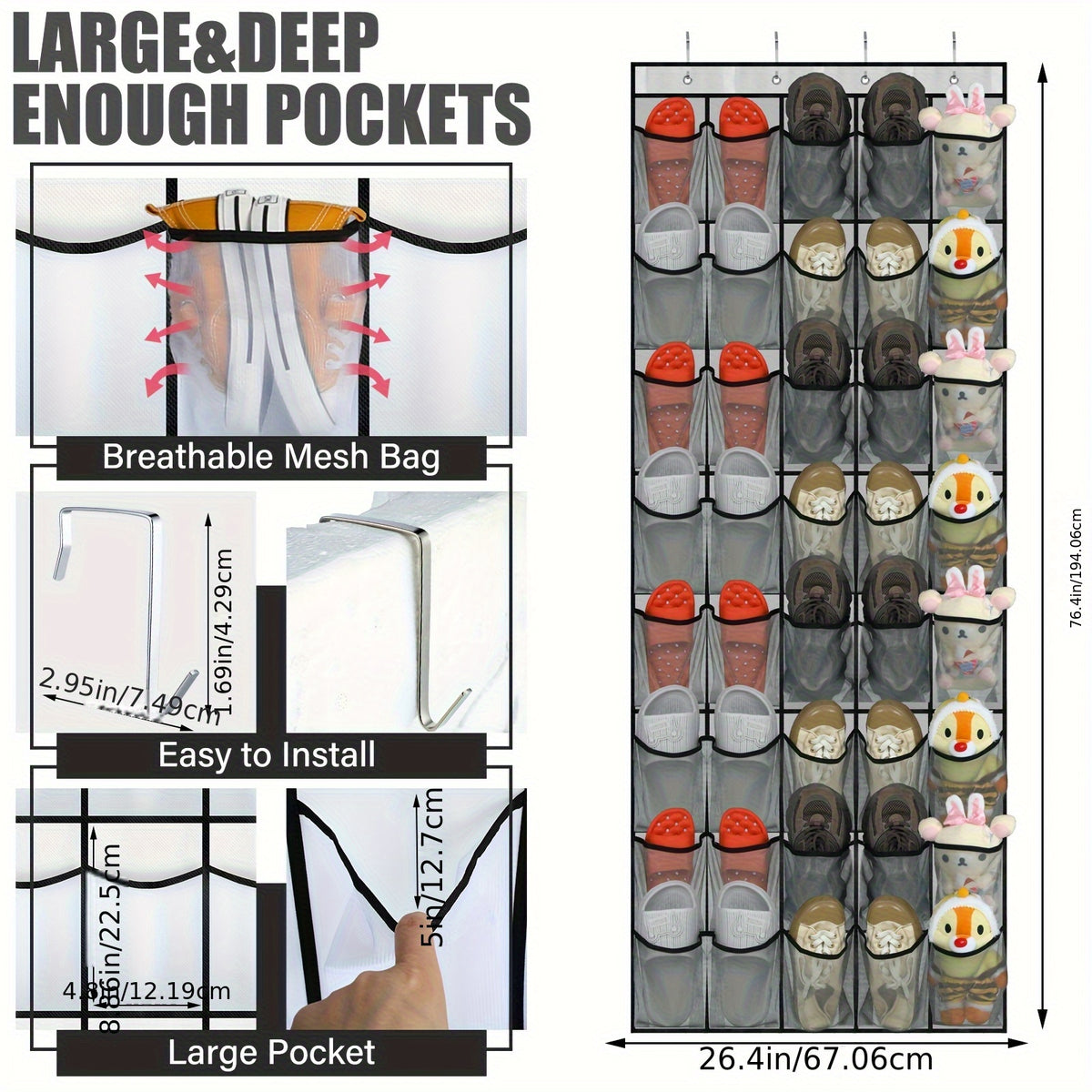 40 Pocket Door Hanging Organizer with Slip Hooks - Heavy Duty Fabric Mesh Storage Locker for Shoes, Cruise Ship Essentials, Doors and Utility Room Organizations - Space-saving Door/ Wall Hanging Organizer with 40 Clusters, Durable and Easy