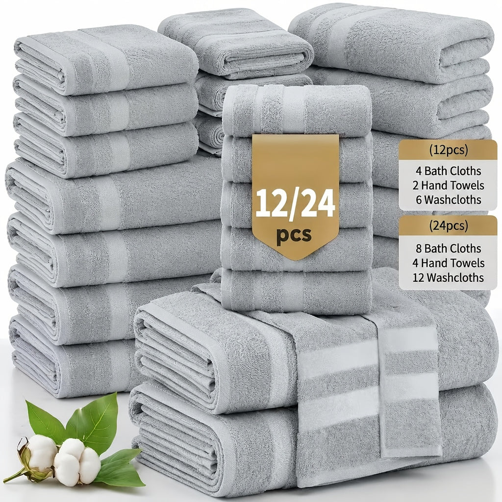 12/24pcs Bath Cloths Set, Hotel Quality Thick Bath Cloths | Highly Absorbent & Quick-Dry | 4 Bath Cloths & 6 Hand & 2 Washcloths, Cotton For Hotel Spa Gym & Home Bathroom Essentials, Wash Cloths