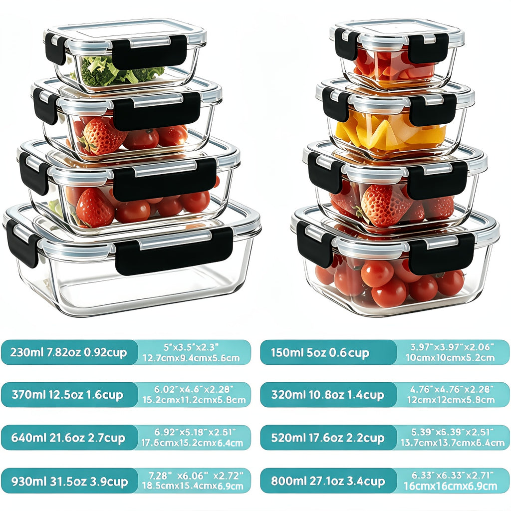 16pcs Airtight Glass Food Storage Containers, Outdoor Picnic, Lunch Box, Microwave, Oven Safe - Perfect For Salad, Fruit, Vegetables And Sandwiches, Lunch Box | Airtight Storage | Durable Glass, Food Storage Containers (8 Lids + 8 Containers)