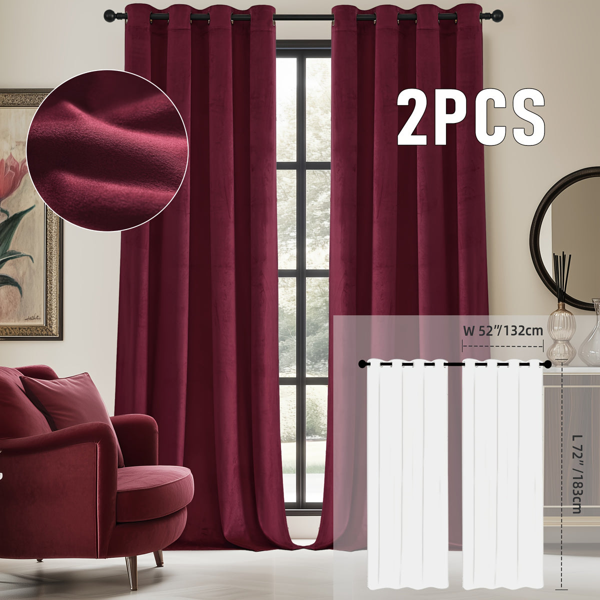 2pcs Velvet Room Darkening Curtains | Vintage Soundproof and Thermal Insulated, Elegant Soft Velvet Grommet Top Curtains for Living Room and Bedroom, Unlined, Solid Color, Fashionable Valentine'S Day Décor