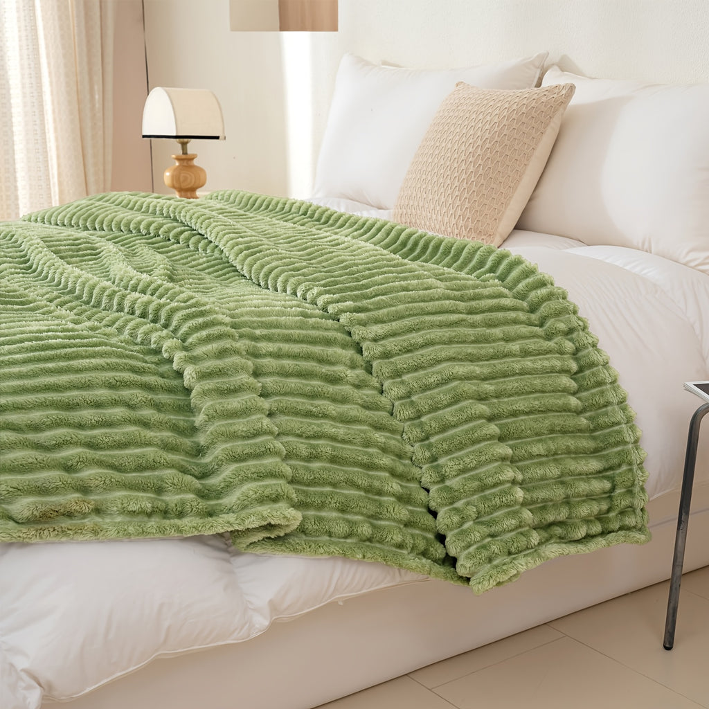 Luxurious Double-Sided Faux Rabbit Fur Throw Blanket - Cozy Striped Flannel, Soft And Warm for Naps, Office, Camping, Sofa - Versatile Polyester Bed Cover, Perfect Christmas Gift