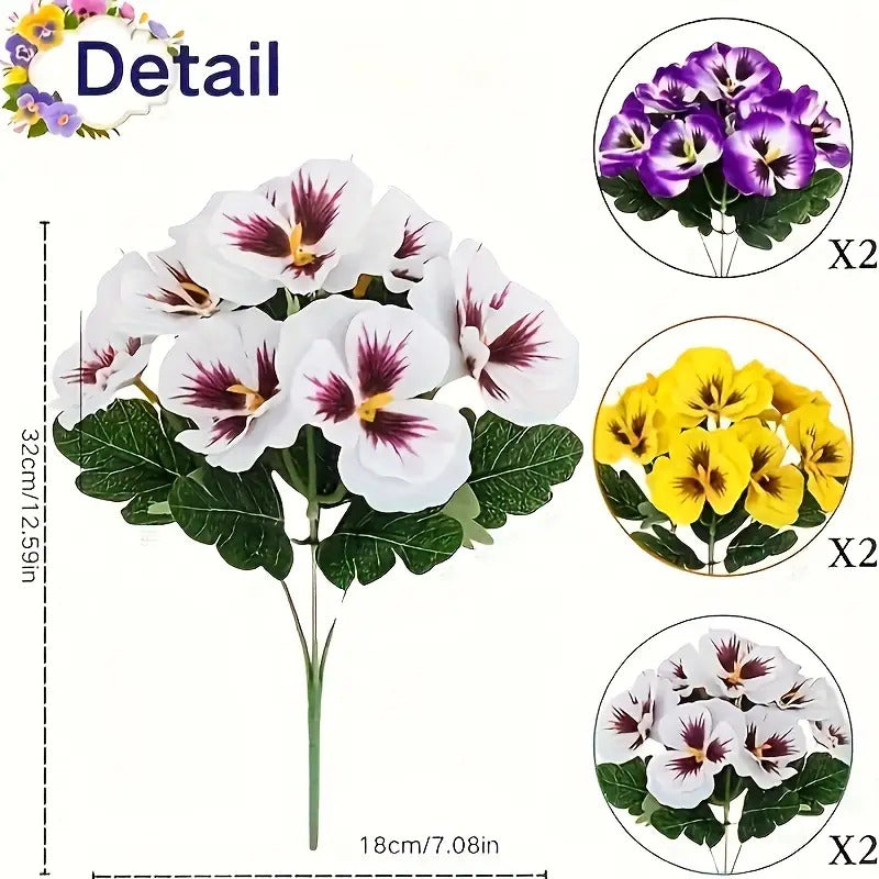 6 Bunches Realistic Artificial Pansy Flowers - Weather-Resistant Plastic Blooms for Indoor/Outdoor Use, Low-Maintenance Home & Garden Decor, White/Purple/Yellow Colorful Display, No Container Needed, Artificial Flowers for Outdoors, Outdoor Floral Arrange
