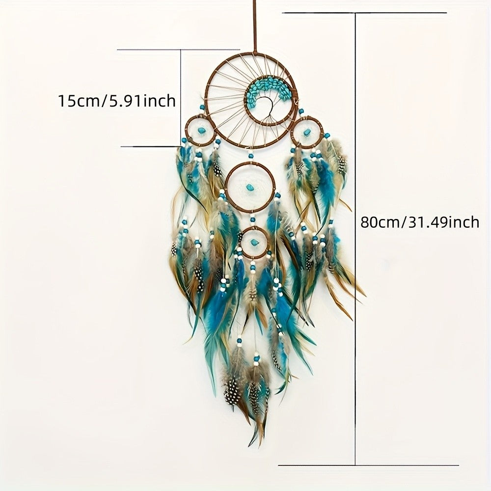 Feather Dream Catcher Wall Hanging in Earth Blue, Boho Ring and Bead Bedroom Decor with Cascading Feather Accents for Birthday and Housewarming Gifts
