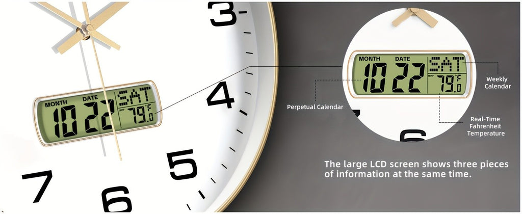 TIMESS calendar display analog wall clock, 10/12/14 inch 4-color large dial silent, can display perpetual calendar and Fahrenheit temperature, bedroom, office, school decoration