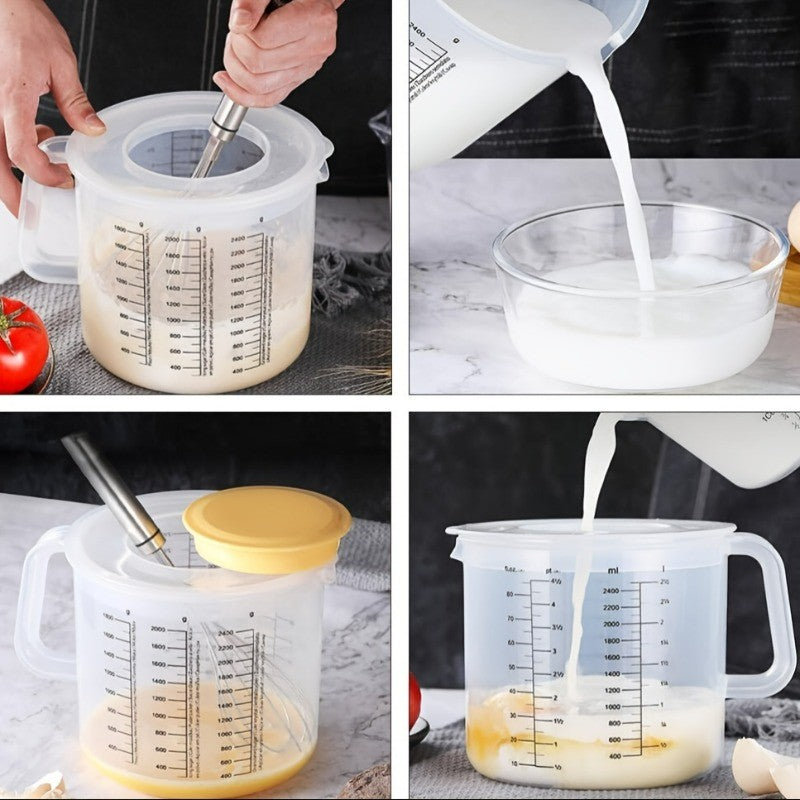 Multi Functional Mixing Bowl with Lid, 84.54oz Large Capacity, Equipped with Measuring Cup and Scale. Splash Proof Design, Durable Plastic, Perfect for Salad Making, Baking and Food Storage.