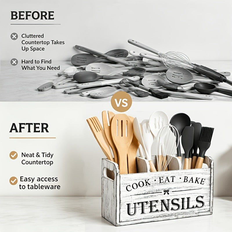 Wooden Utensil Storage Caddy, Extra Large 3-Compartment Rustic Grey White Organizer for Countertop or Wall-Mounted Cooking and Baking Tool Storage