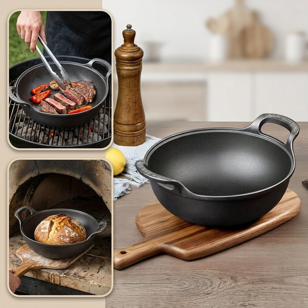5 Sizes Cast Iron Wok, 7.87/ 9.84/ 10.62/ 11.81/ 12.59in Heavy-Duty Cast Iron Skillet, Traditional Uncoated Deep Stir-Fry Pan, Multi-functional Kitchen Cookware, Durable Cooking Pot with Dual Handles, Grilling Steaks & Baking, Ideal for Home, Outdoor