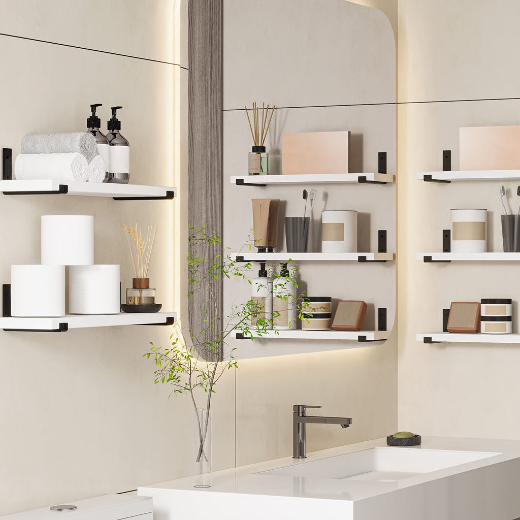 Floating Wood Wall Shelves, 5 or 10 Piece Rustic Storage Set in Gray or White, 15.8 x 4.7 Inch Ledges for Kitchen Organization and Room Displays
