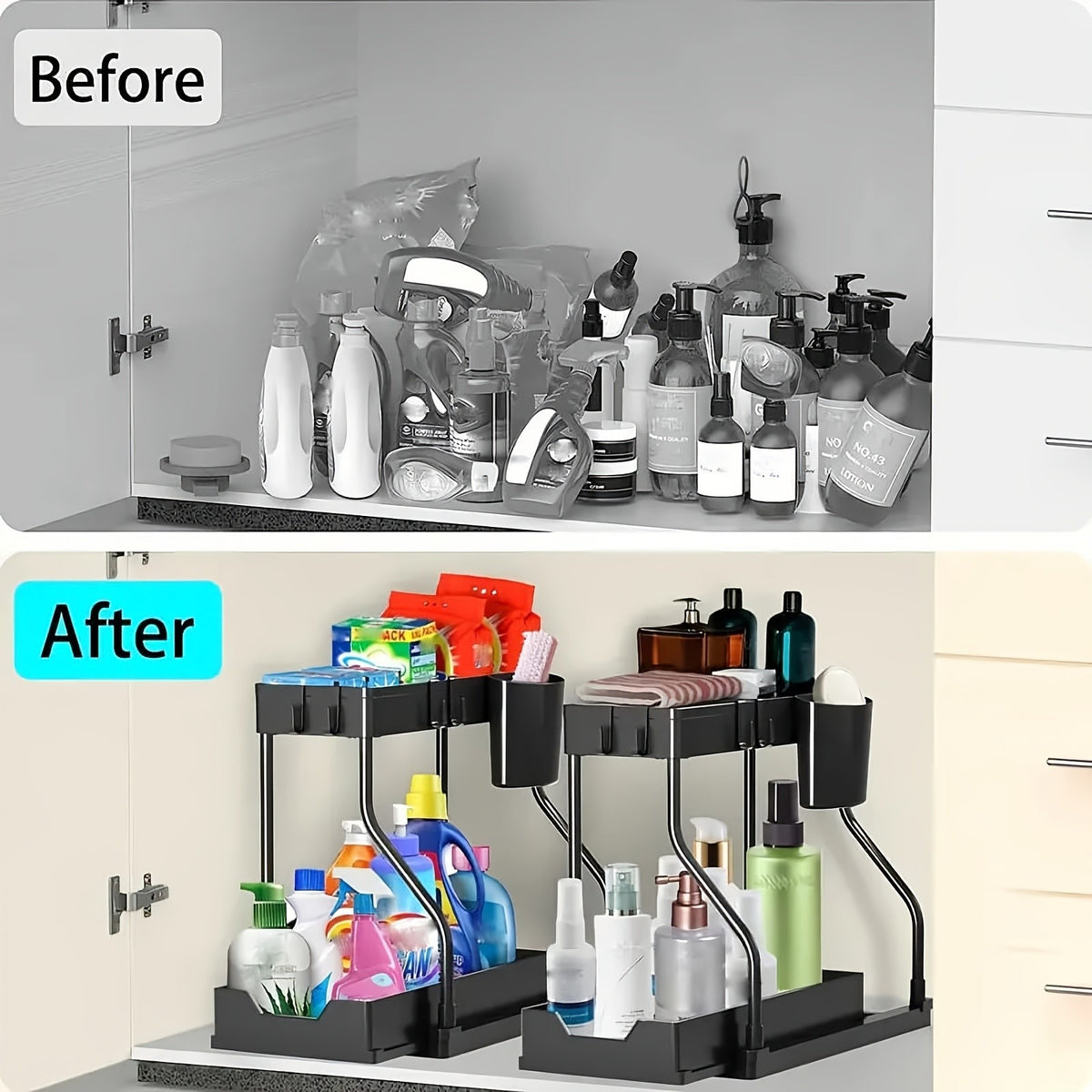 2pcs Under Sink Organizer with Sliding Shelves Multi-Purpose Black Plastic Storage Basket for Bathroom And Kitchen Cabinet Durable Construction Bathroom Organizer