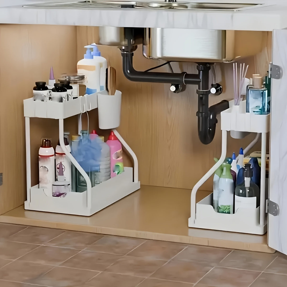 2pcs Under Sink Organizer with Sliding Shelves Multi-Purpose Black Plastic Storage Basket for Bathroom And Kitchen Cabinet Durable Construction Bathroom Organizer