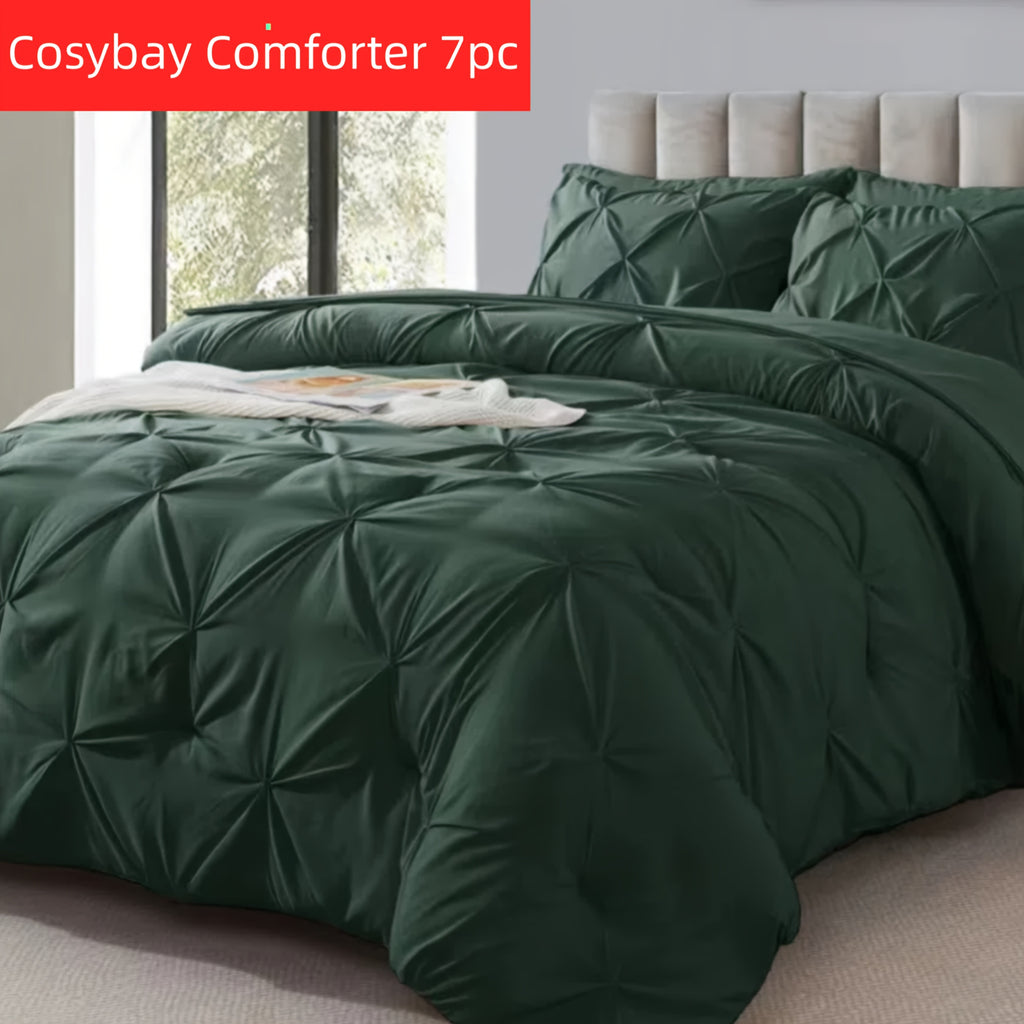 Cosybay 7 Piece Pinch Pleated Comforter Set Queen King Size, Luxury Soft Fluffy Bedding Includes 1 Comforter, 1 Extra Deep Pocket Fitted Sheet, 1 Flat Sheet, 4 Pillowcases & Pillow Covers, Perfect for Halloween Party, Holiday Celebrations & Birthday