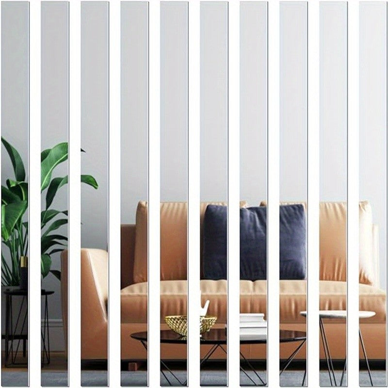 10pcs Pack, 3*25Cm/1.2*9.84In, Silver Acrylic Mirror Wall Sticker, Strip Self-Adhesive Wall Decals, for Living Room Bedroom Bathroom Office Home, Art Wall Decoration