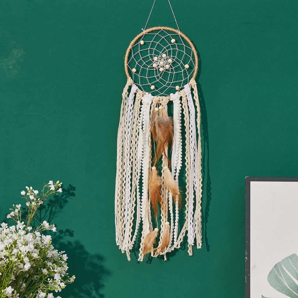 Dream Catcher Wall Decor Set of 5, Camel Boho Hanging Decorations with Woven Ring Designs and Feather Accents for Bedroom and Living Room