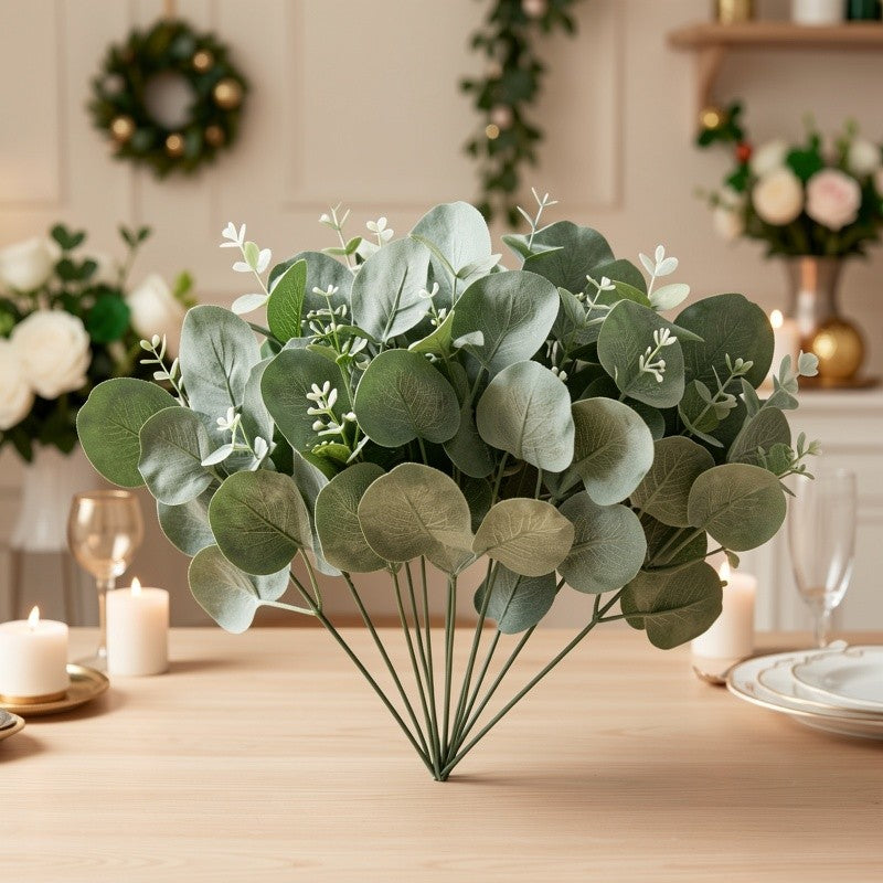 50/56pcs Bulk Artificial Eucalyptus Flowers & Stems with 4 Leaf Varieties - Realistic DIY Wedding, Valentine's, St. Patrick's Day, Spring Decorations - Lifelike Green Foliage Bouquets with White Flowers, Durable Plastic Blooms for Home, Office