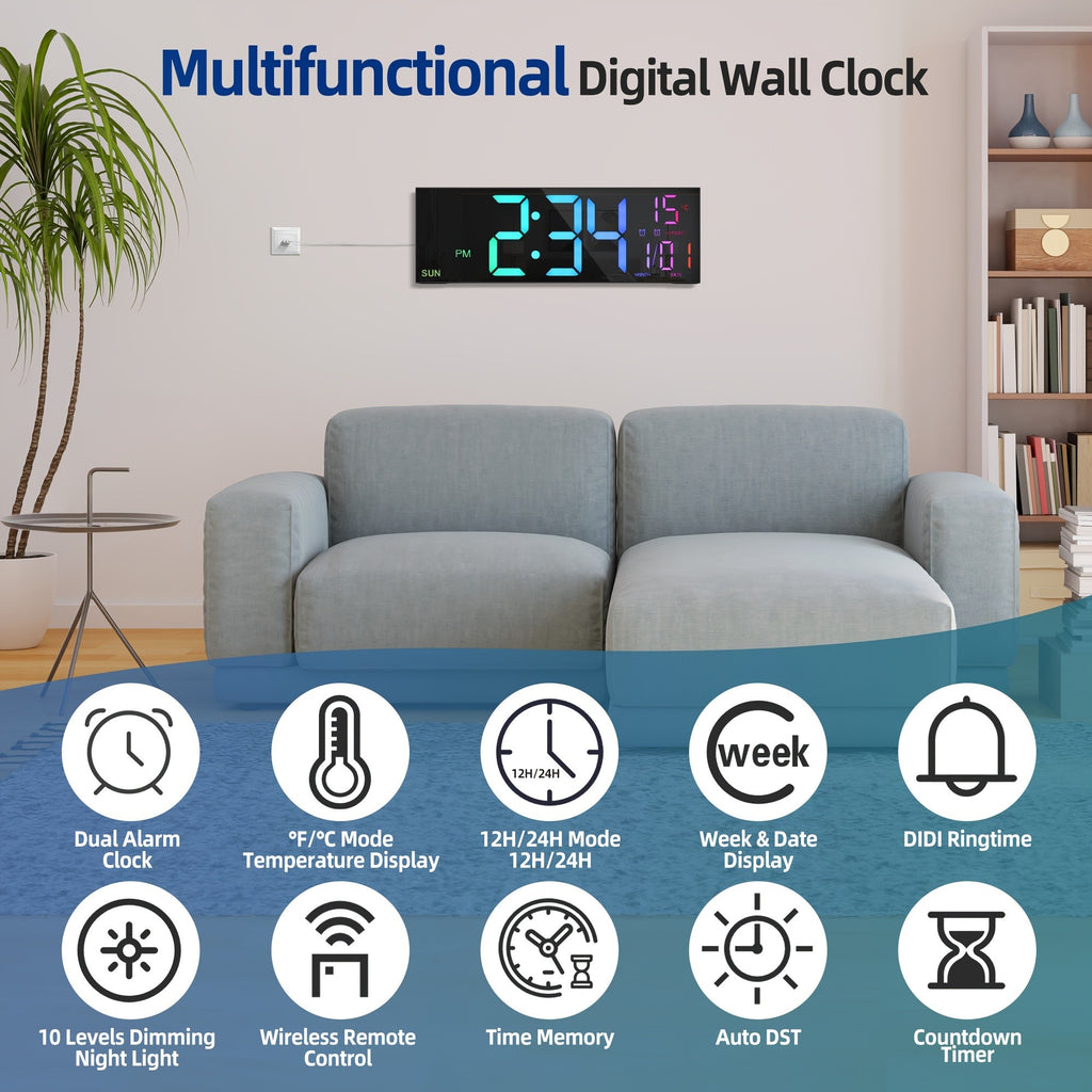 16.5'' Large Digital Wall Clock with Remote Control, Big LED/2 Alarms/8 RGB/Auto Brightness/Date/Auto DST/Temperature/Ambient Light/Dimming/Timer, Gym Clocks for Living Room, Bedroom, Office, Kitchen Home Decor, Easter Decorations, Mother's Day Gifts