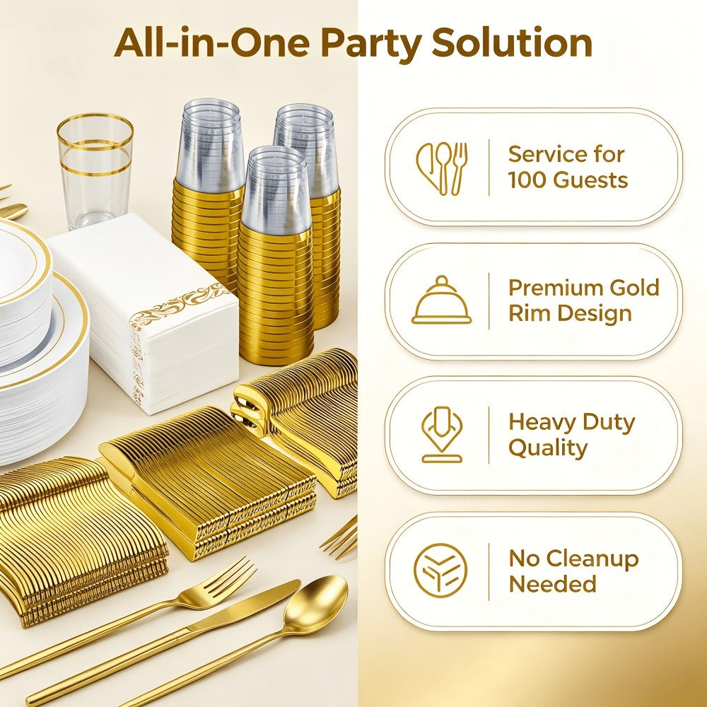 Set of 350/700 Golden/Silver Disposable Plates for 50/100 Guests, Disposable Plastic Plates for Parties, Wedding, Graduation, Birthday, Dinnerware Set of Dinner Plates, Salad Plates, Cutlery, Cups And Napkins