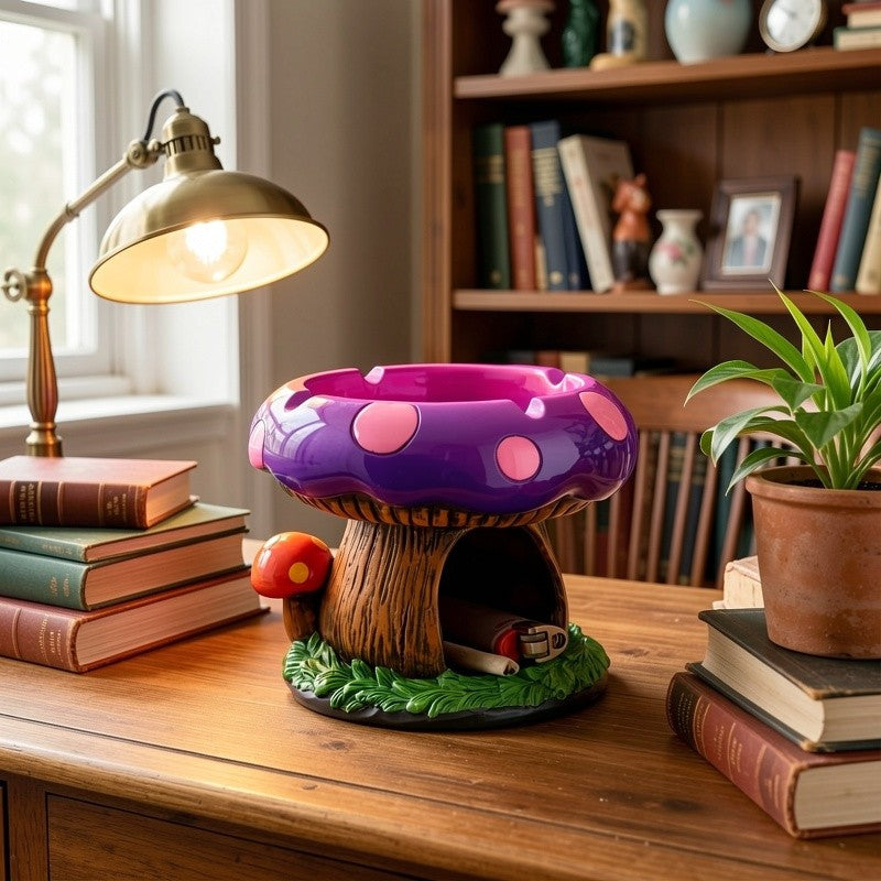 Fantastic Mushroom House Ashtray with Storage - 5.3”x4.5” Purple & Pink Resin Whimsical Mushroom-Shaped Ashtray with Cigarette Butt Slot & Storage Compartment, Humorous Home & Office Decor, Contemporary Irregular Design, No Electricity Needed, Durable Res