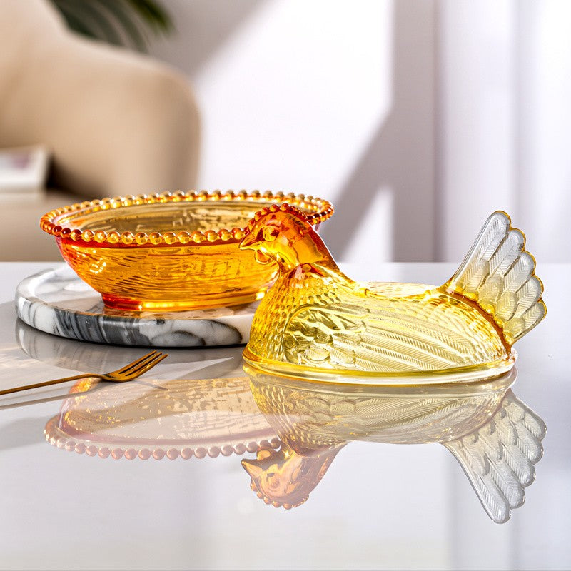 Glass Hen Candy Dish with Lid, Chicken Shaped Storage Jar in Orange, Colorful, Amber or Clear Options for Wrapped Treats, Jewelry and Table Decor