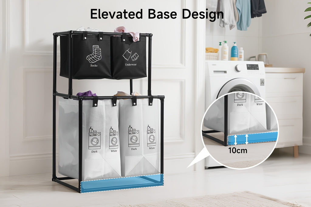 2 Compartment Laundry Hamper (No Wheels) - 2 Tier Laundry Sorter With Handles - Sturdy Metal Frame & Breathable Mesh Bags - Space Saving Clothes Organizer For Home, Apartment, Add 10 Cable Ties For Securing, Dirty Laundry Basket, Laundry Baskets