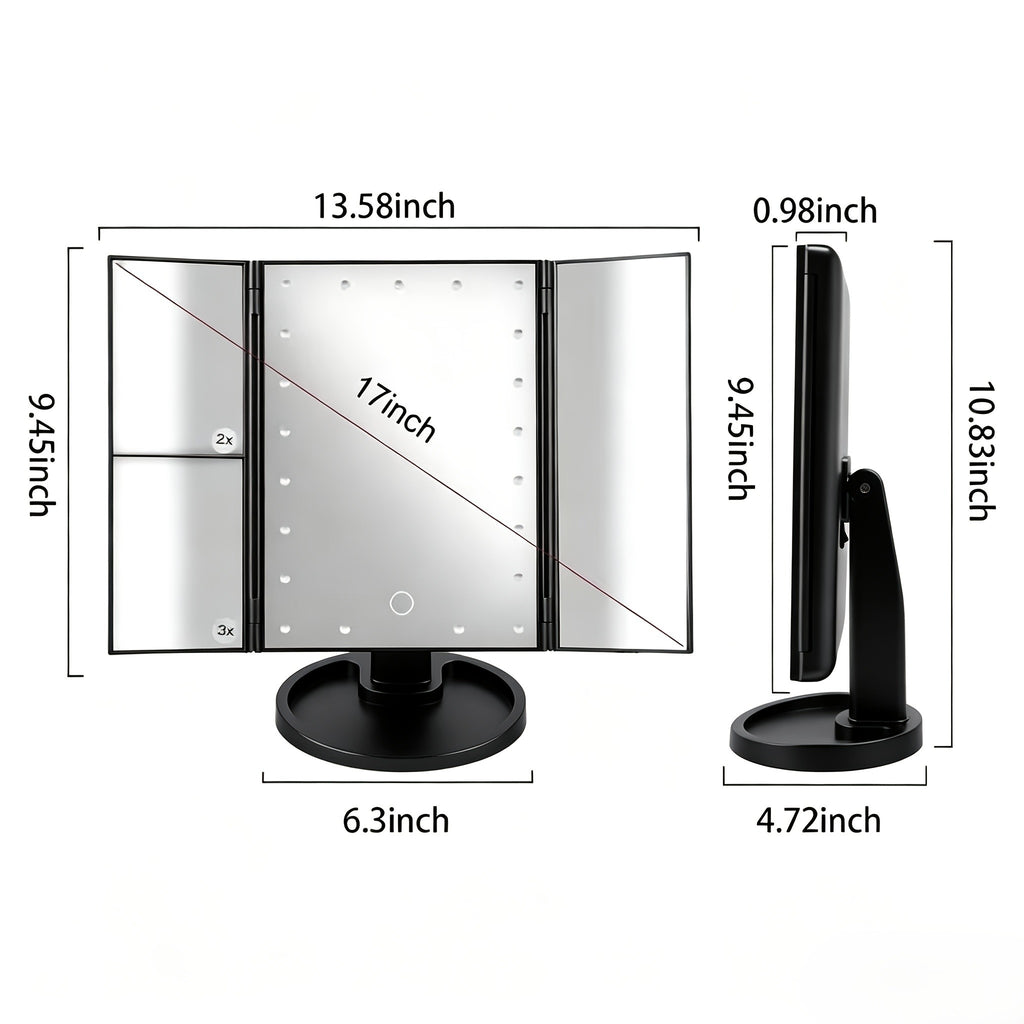 Tri-Fold Lighted Makeup Mirror, Touch Control LED Vanity Mirror with 1X 2X 3X 10X Magnification and Adjustable Base in White, Black or Rose Gold