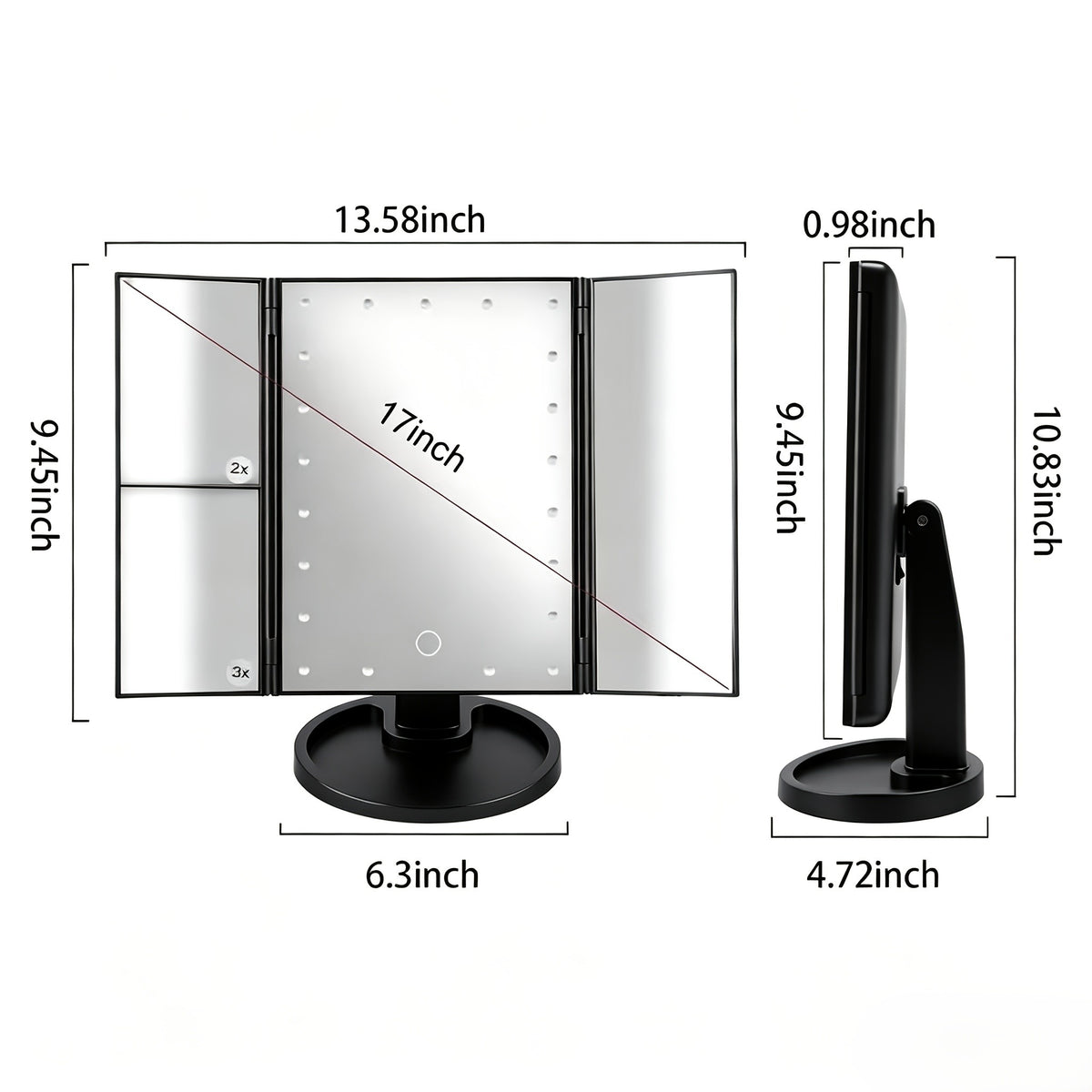 Tri-Fold Lighted Makeup Mirror, Touch Control LED Vanity Mirror with 1X 2X 3X 10X Magnification and Adjustable Base in White, Black or Rose Gold