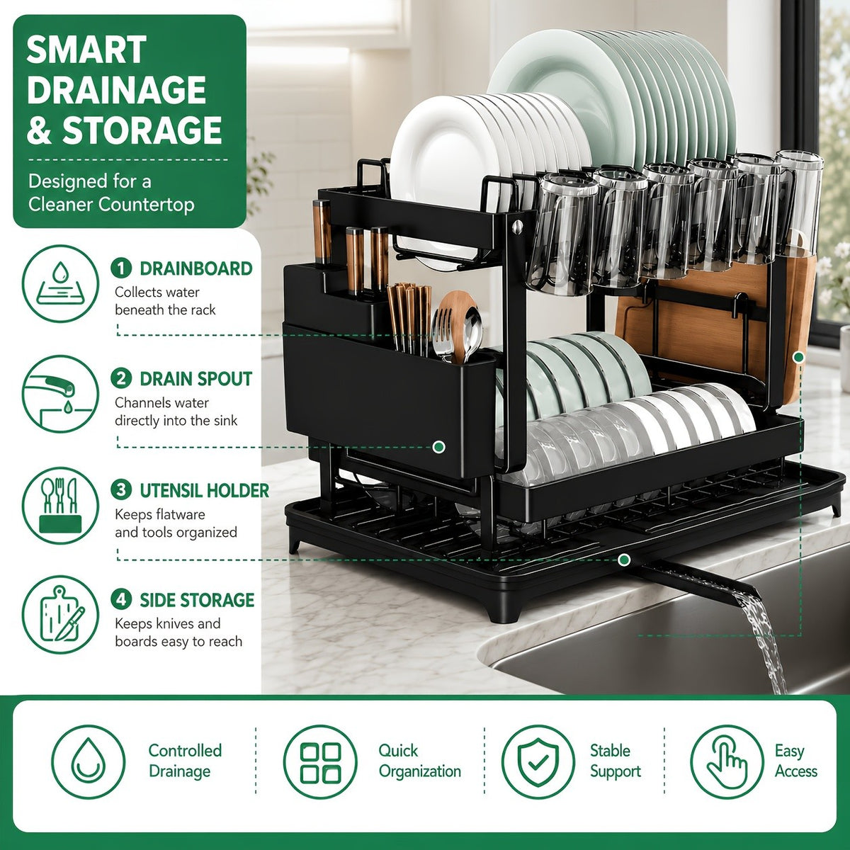 Countertop Dish Drying Rack with Two-Tier Metal Storage and Drainboard, Kitchen Dish Drainer in Gray, White or Black for Everyday Organization
