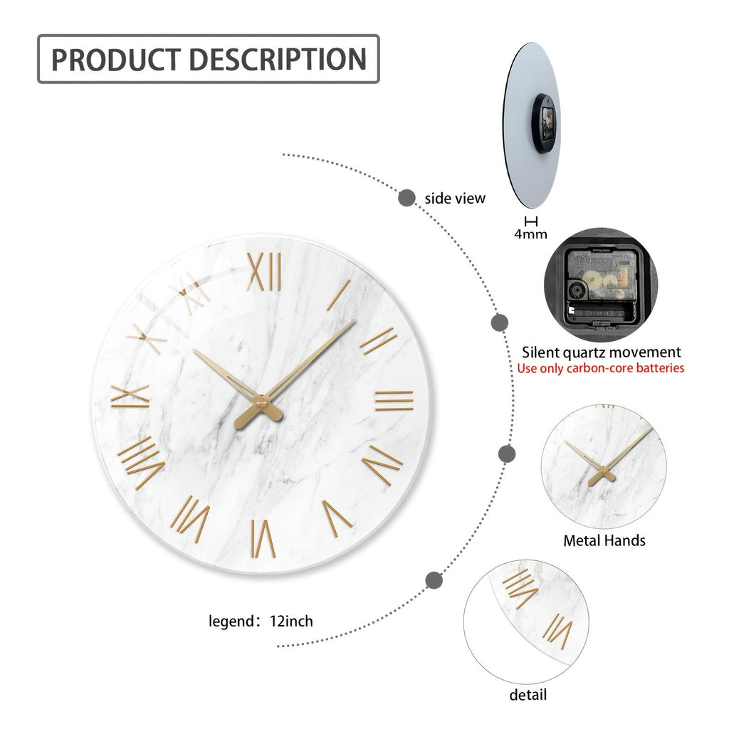 White Marble Wall Clock, Silent Quartz Timepiece with 4mm Tempered Glass in 12 to 24 Inch Sizes for Living Room, Bedroom, Kitchen and Office Decor