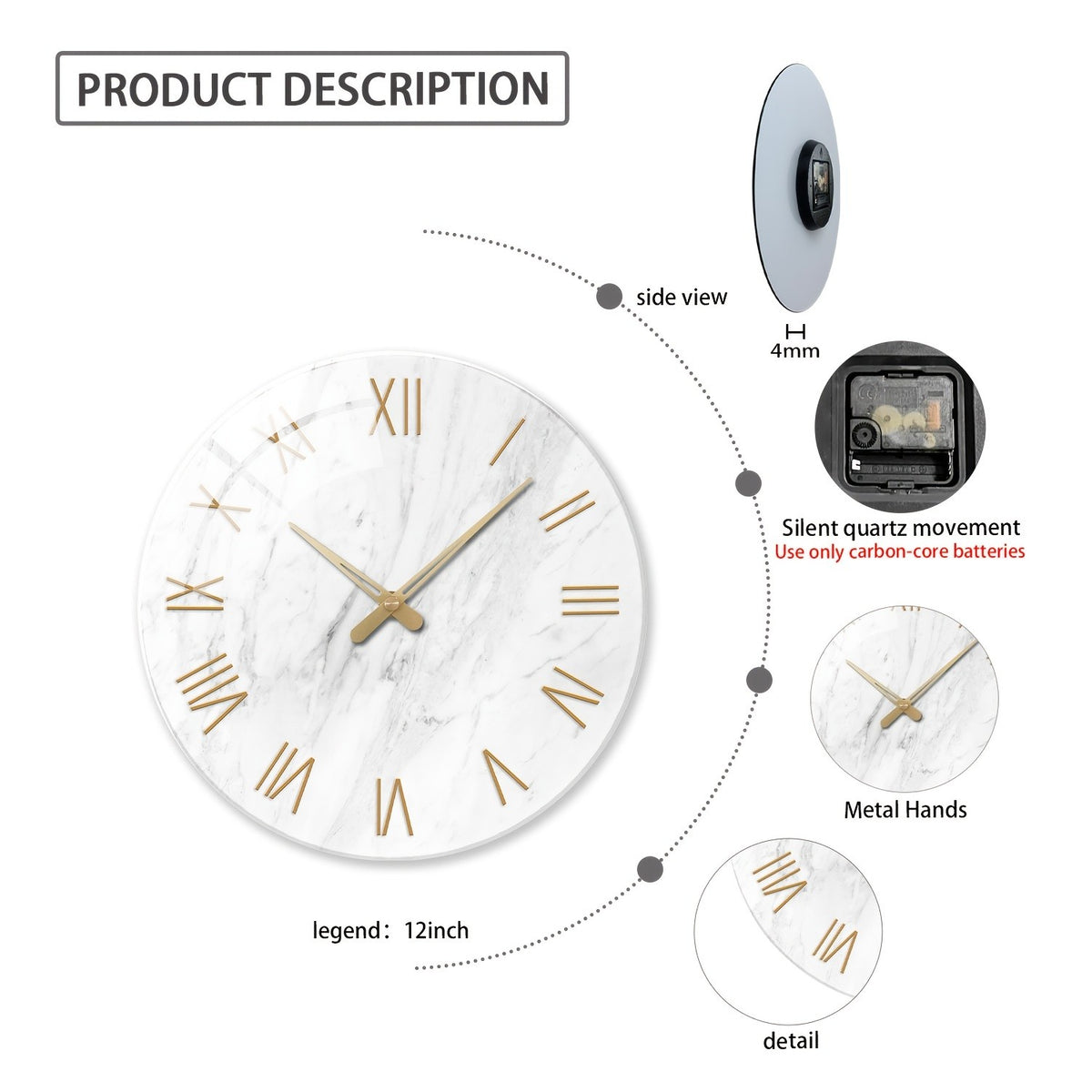 White Marble Wall Clock, Silent Quartz Timepiece with 4mm Tempered Glass in 12 to 24 Inch Sizes for Living Room, Bedroom, Kitchen and Office Decor