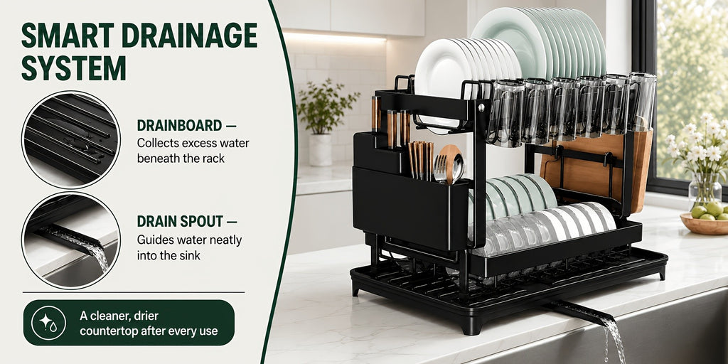 Two-Level Dish Drying Rack for Kitchen Surfaces, Dish Drainer with A Drainboard, Metal Kitchen Dish Holder with Drainage, Two-Tier Kitchen Drying Rack, Black Dish Holders, Standing Shelf Units, Standing Shelf