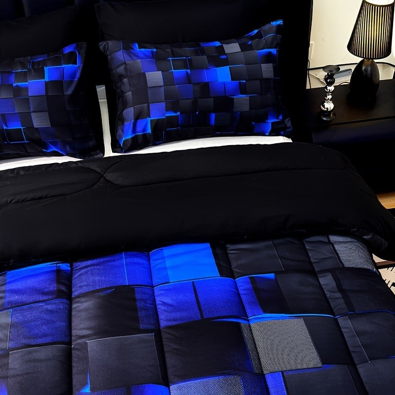 2D Flat Tog 4 3pcs Super Soft Fashion Sense Of Technology Grid Thickening Quilt Set (1 Comforter +2 Pillowcases Without Pillow Core), Contains Padding 180Gsm Quilting Soft Ventilate Digital Printing Bedroom Dormitory At Home Perfect Halloween Gift