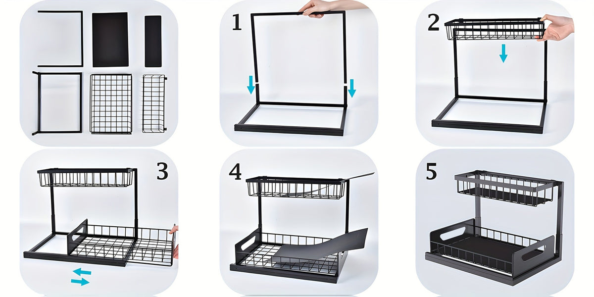 2Pack-2-Tier Slide-Out Under Sink Organizer -Pull-Out Cabinet Shelf with Adjustable Compartments, Featuring a Sliding Pull-Out Shelf Made of Metal, Ideal for Organizing Kitchen, Bathroom, Pantry, Or Closet Spaces