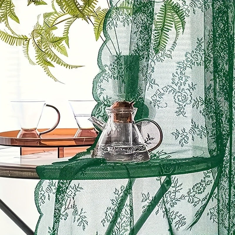 Romantic Pastoral Lace Sheer Curtain for Balcony and Office, Translucent Window Drapery with Floral Pattern, Machine Washable Polyester, Rod Pocket Design - 1pc