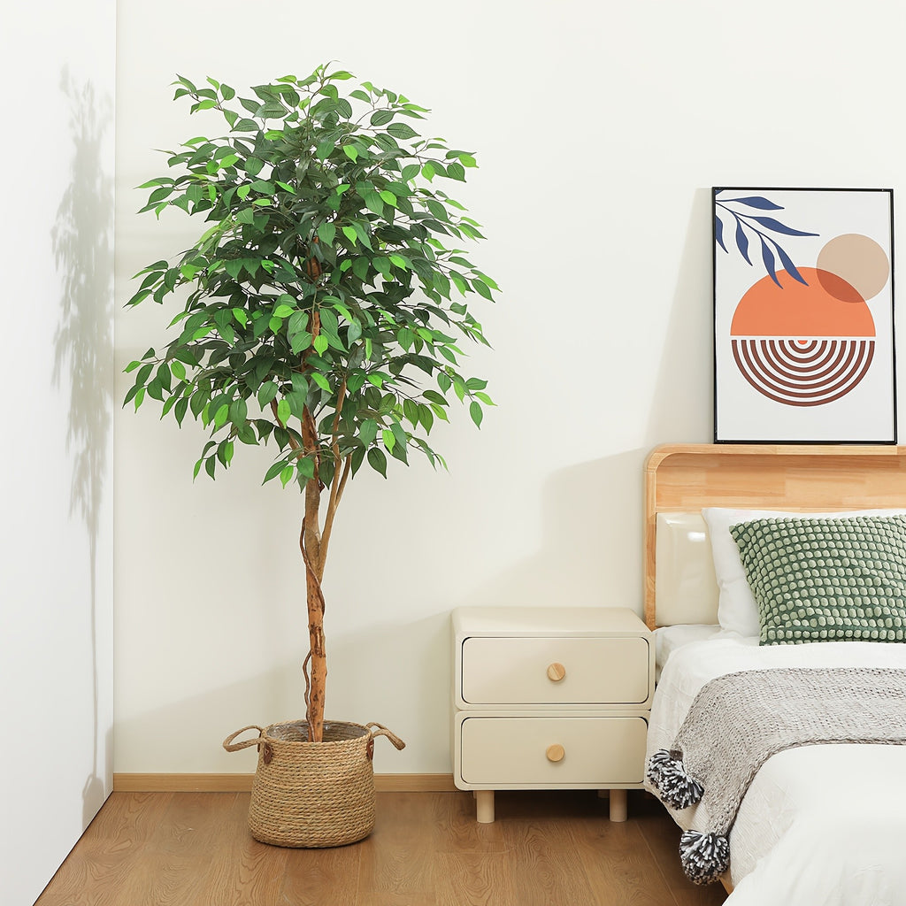 Tall Artificial Ficus Tree - Fake Greenery Potted Plant with Natural Wood Trunk And Lifelike Leaves-Elegant Indoor Outdoor Living Room Home Decor
