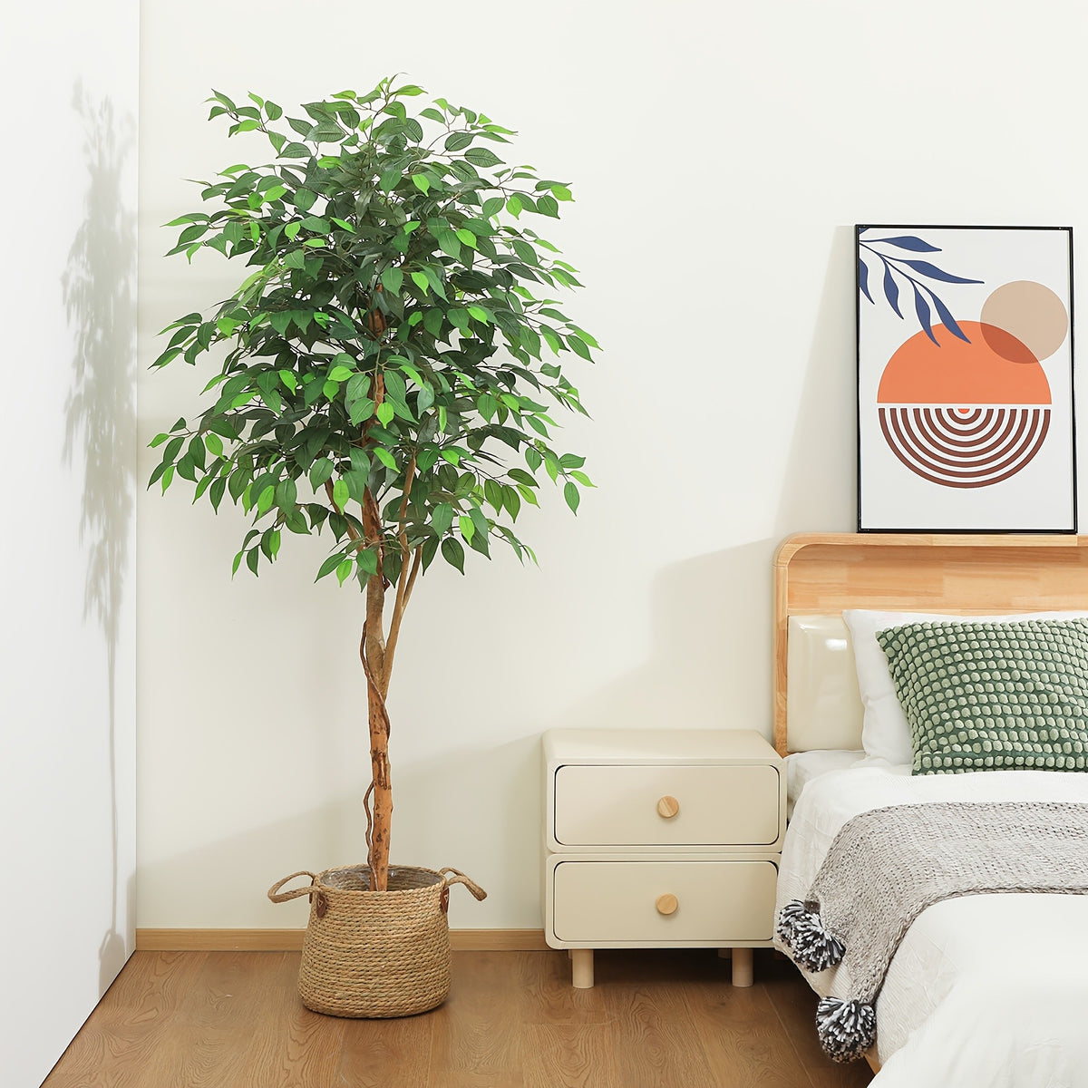 Tall Artificial Ficus Tree - Fake Greenery Potted Plant with Natural Wood Trunk And Lifelike Leaves-Elegant Indoor Outdoor Living Room Home Decor