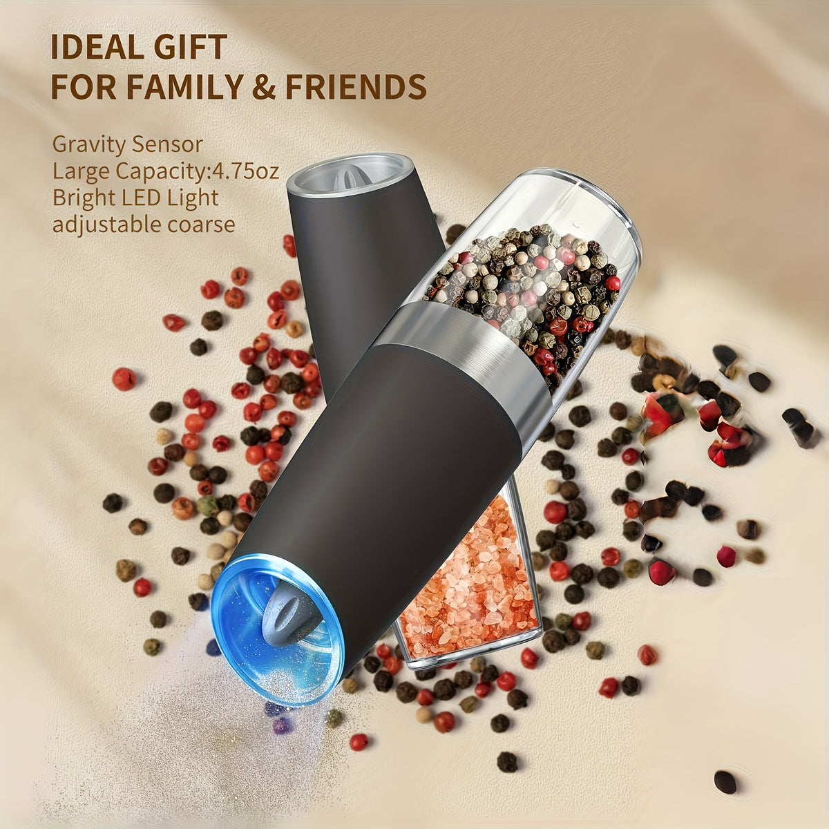 1pc/2pcs Electric Salt and Pepper Grinder Set with LED Lights - Large Capacity, Gravity-Driven Mechanism, Multi-Color Options (Red/)