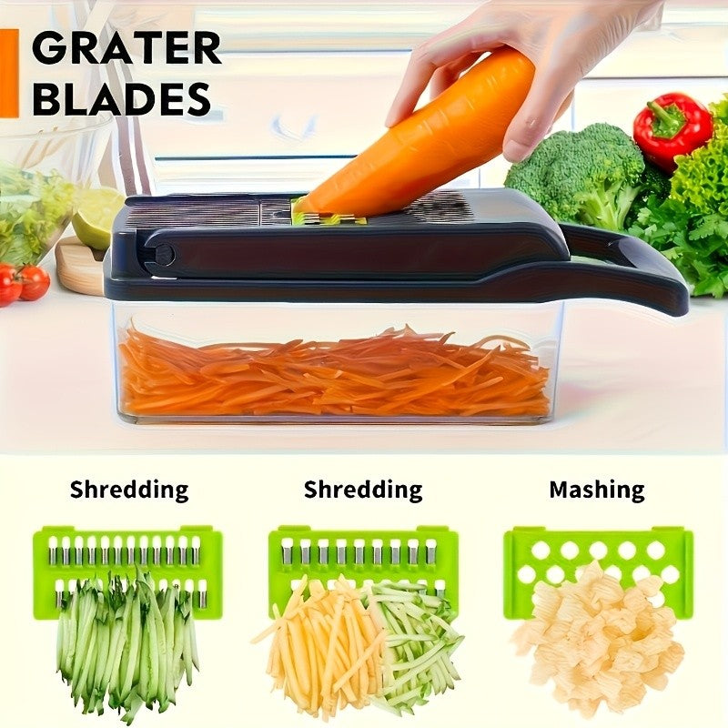 14-in-1 Multifunctional Vegetable Chopper with Large Capacity Collector | Stainless Steel Blades, Manual Operation, Includes Egg Separator, Easy to Clean, Ideal for Dicing, Slicing, and Grating Vegetables and Fruits
