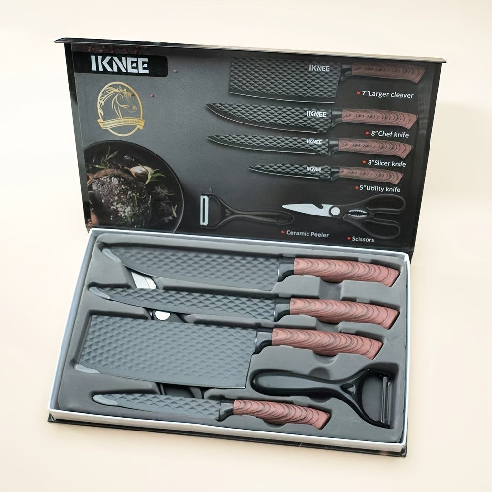Professional 6pcs Kitchen Knives Set, Chef, Cleaver, Slicer, Utility Knife Peeler& Scissors High Carbon Stainless Steel Ultra Sharp with Non-Stick Ergonomic Wood Handle Cooking Chef Knife Set for Home Travel Vegetable, Meat, Fruit Gift Box