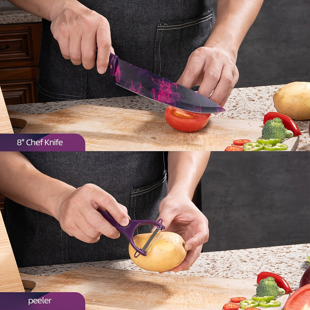6pcs High-carbon Stainless Steel Sharp Kitchen Knife Set, Kitchen Knife Set And Block Chef Knife, Bread Knife, Scissors, Sharpening Knife, Kitchen Essentials, Dishwasher Safety, Anti-slip Handle, Best Gift for Halloween And Christmas